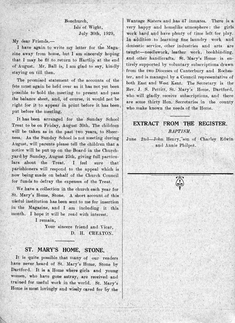 Parish Magazine page number 2 for Aug 1929