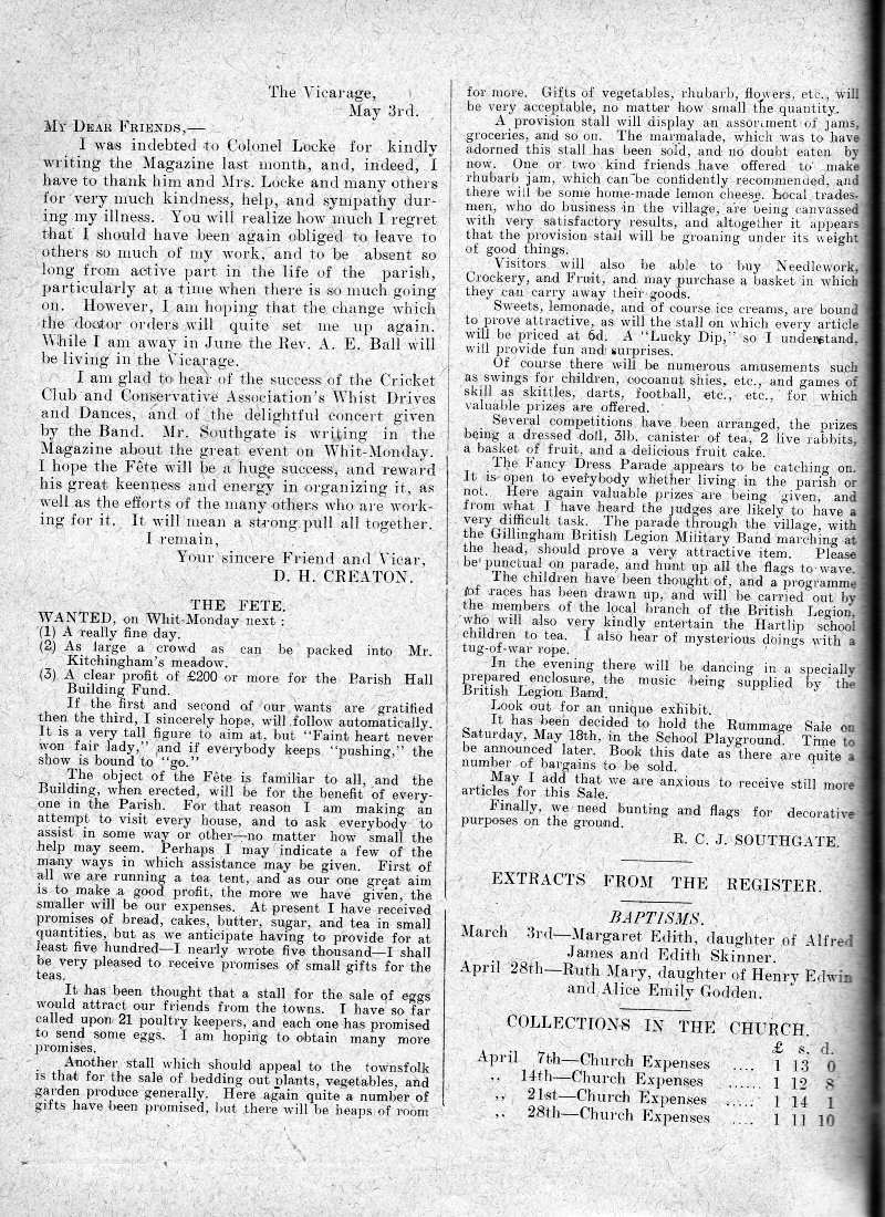 Parish Magazine page number 2 for May 1929