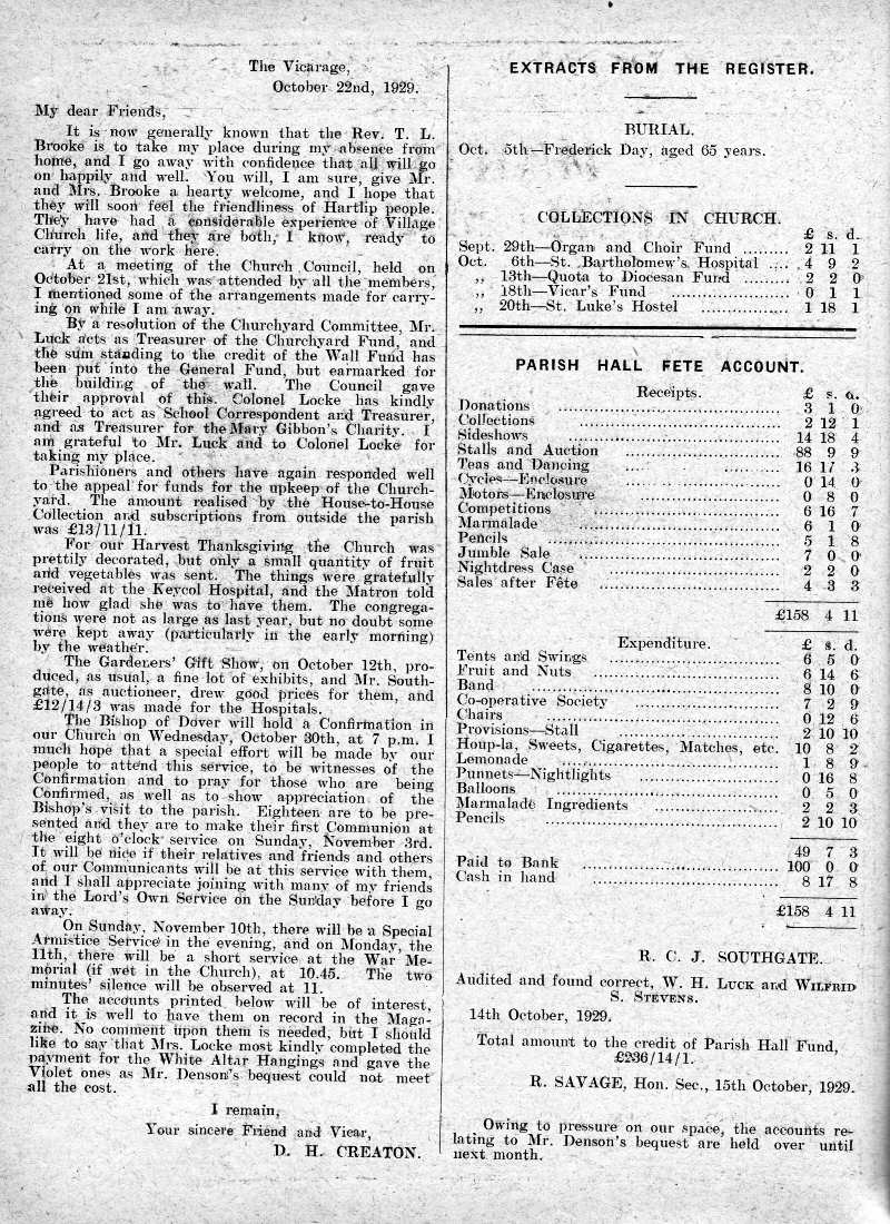 Parish Magazine page number 2 for Nov 1929