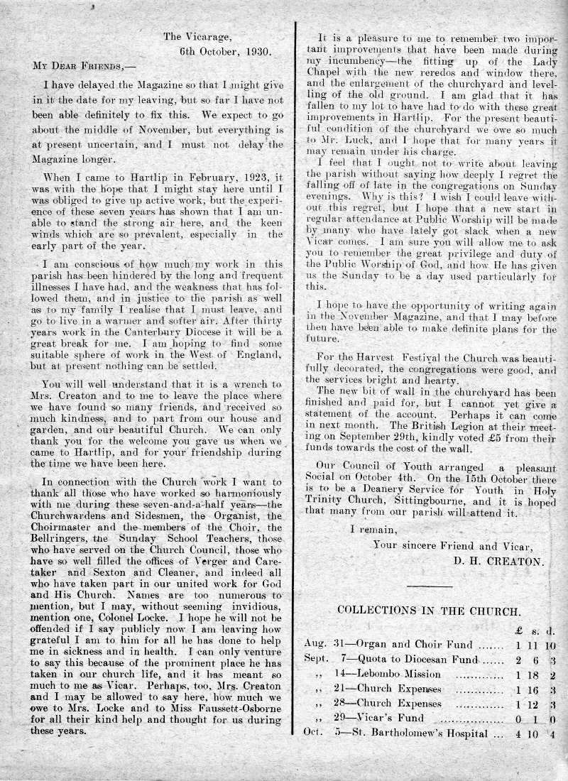 Parish Magazine page number 2 for Oct 1930