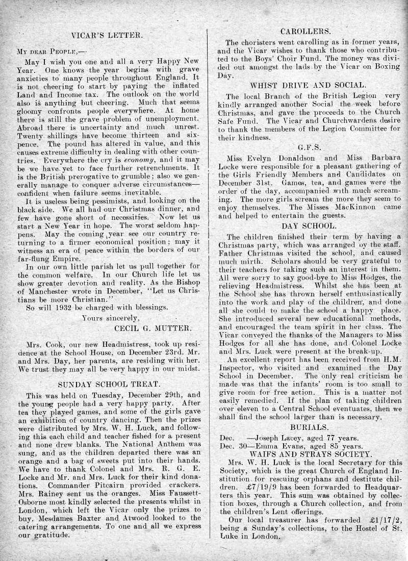 Parish Magazine page number 2 for Jan 1932