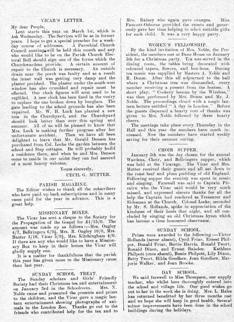 Parish Magazine page number 2 for Feb 1933