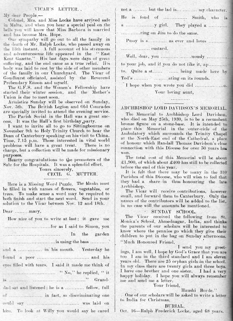 Parish Magazine page number 2 for Nov 1933