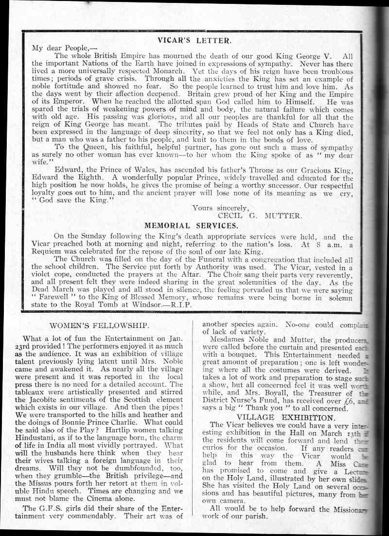 Parish Magazine page number 2 for Feb 1936