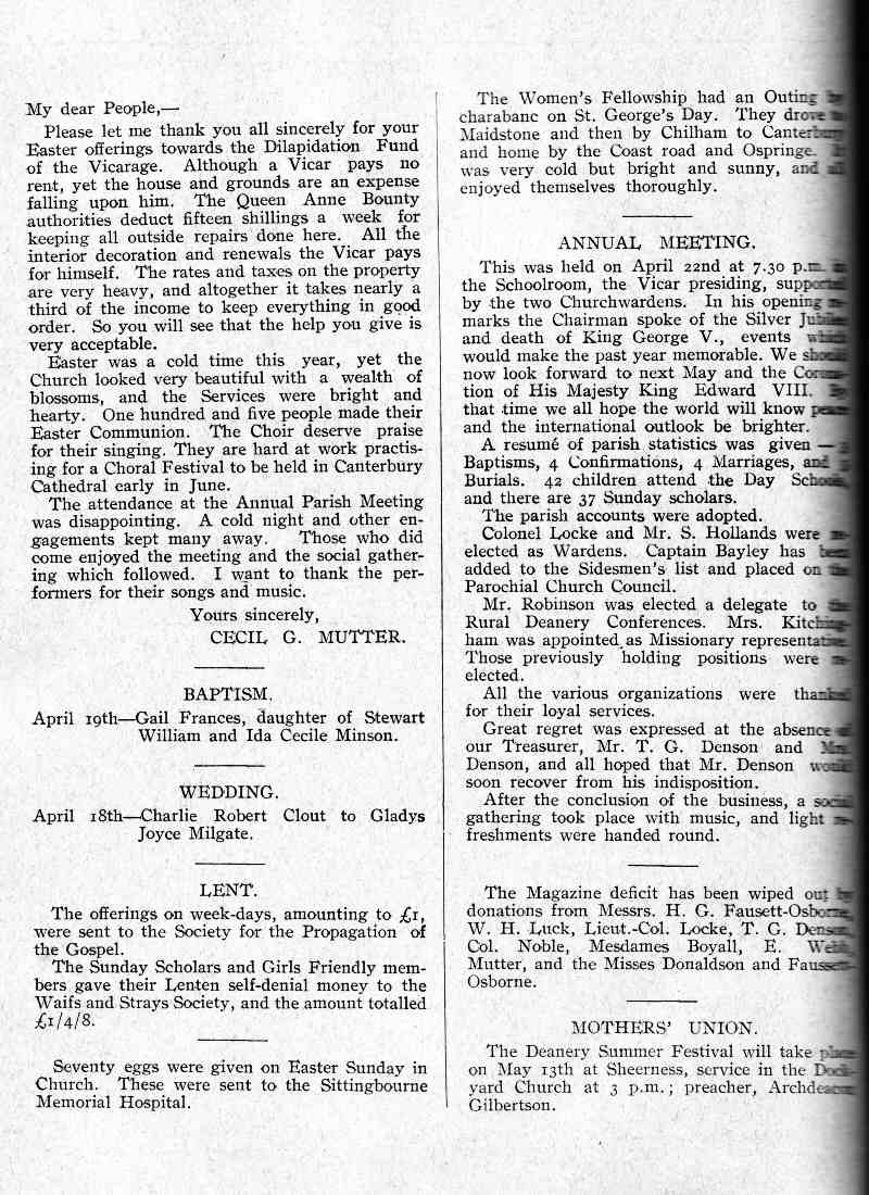 Parish Magazine page number 2 for May 1936